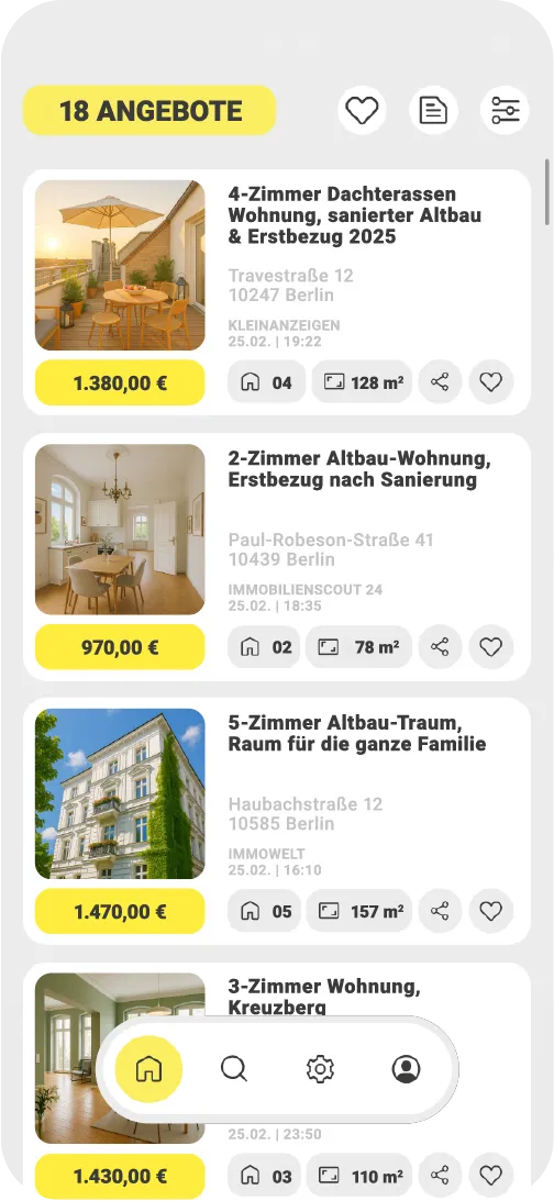 Angebotsliste der App mit 18 Treffern: Wohnungskarten mit Foto, Preis, Zimmerzahl und Quadratmetern, dazu Filter für Favoriten und Bewerbungen.
